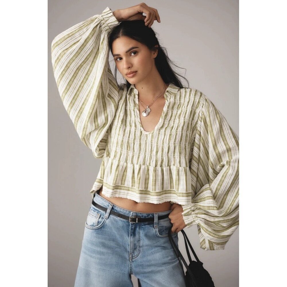 NWT Size L - Anthropologie Balloon-Sleeve Collared Blouse in Green (NWT US$ 118)
